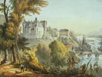 Veduta del ponte a Jurancon e Chateau Pau, inciso da Gerard Rene Le Vilain (1740-1836)